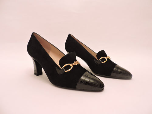 High Front Suede And Cocco Patent Leather Pump Shoe