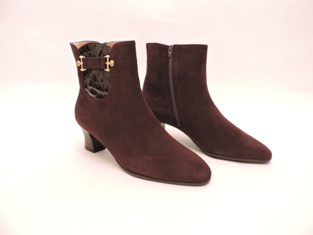 Suede And Cocco Stamped Patent Leather Lace Up Ankle Boot