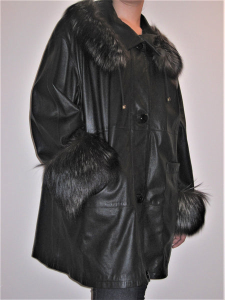 Grained Calf Coat with Fur Trim Hood