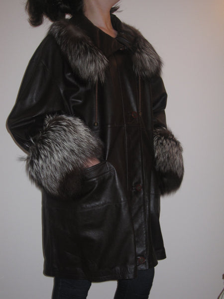 Grained Calf Coat with Fur Trim Hood