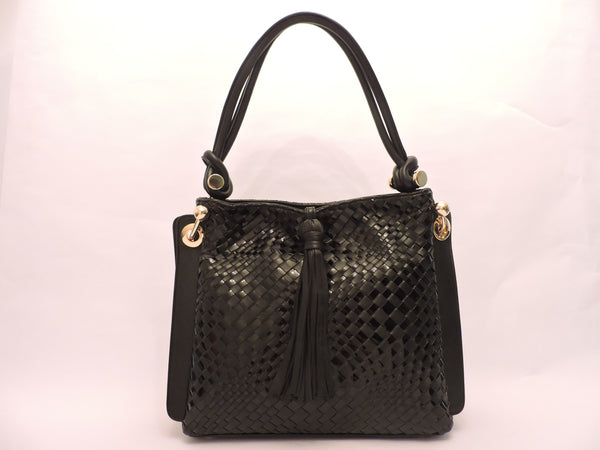 Double Handle Nappa and Vernice Woven Shoulder Bag